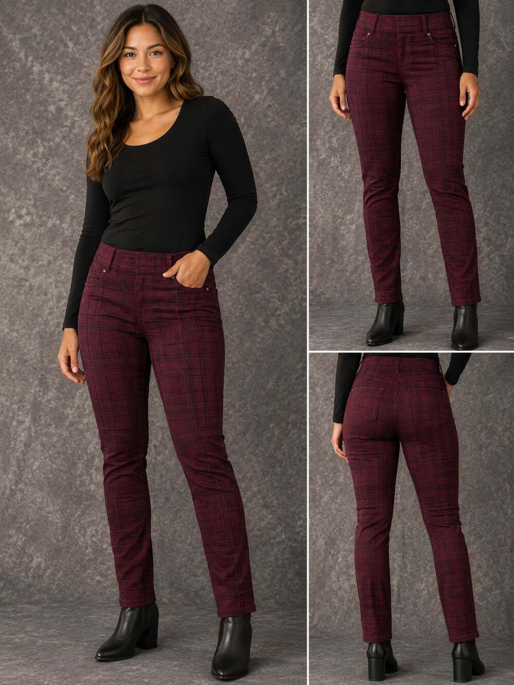 Liverpool Reagan Printed Skinny Burgundy Plaid Pants Size 6/28